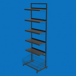 Стелаж торговий з листовими полицями 5 шт. і кошик накопичувальний, чорний